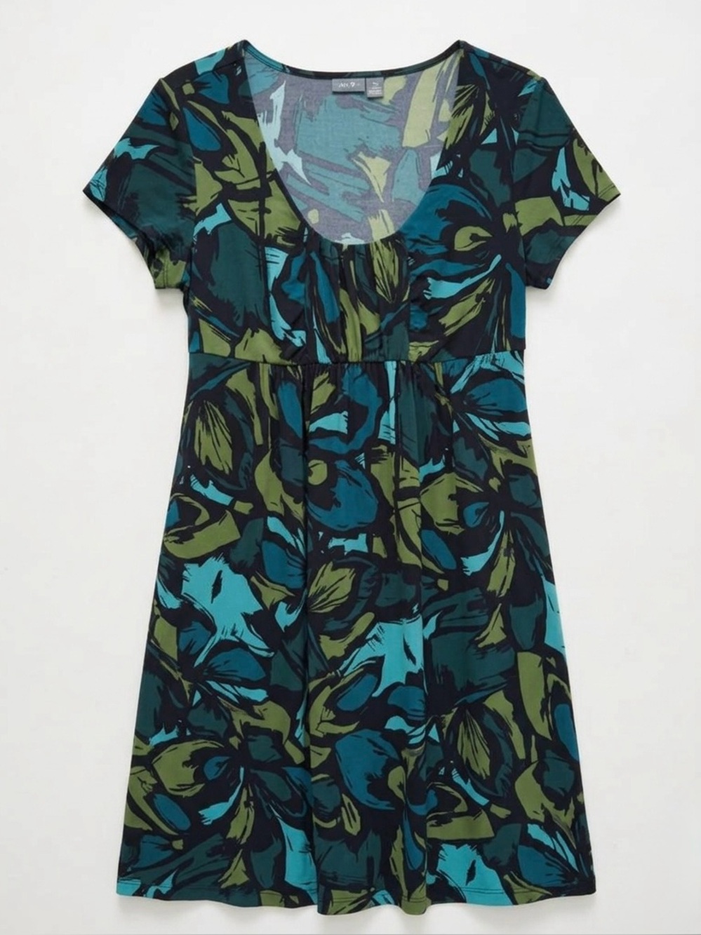 Apt. 9 Teal & Green Abstract Tropical Empire Waist Midi Dress Sz L Boho Vacation